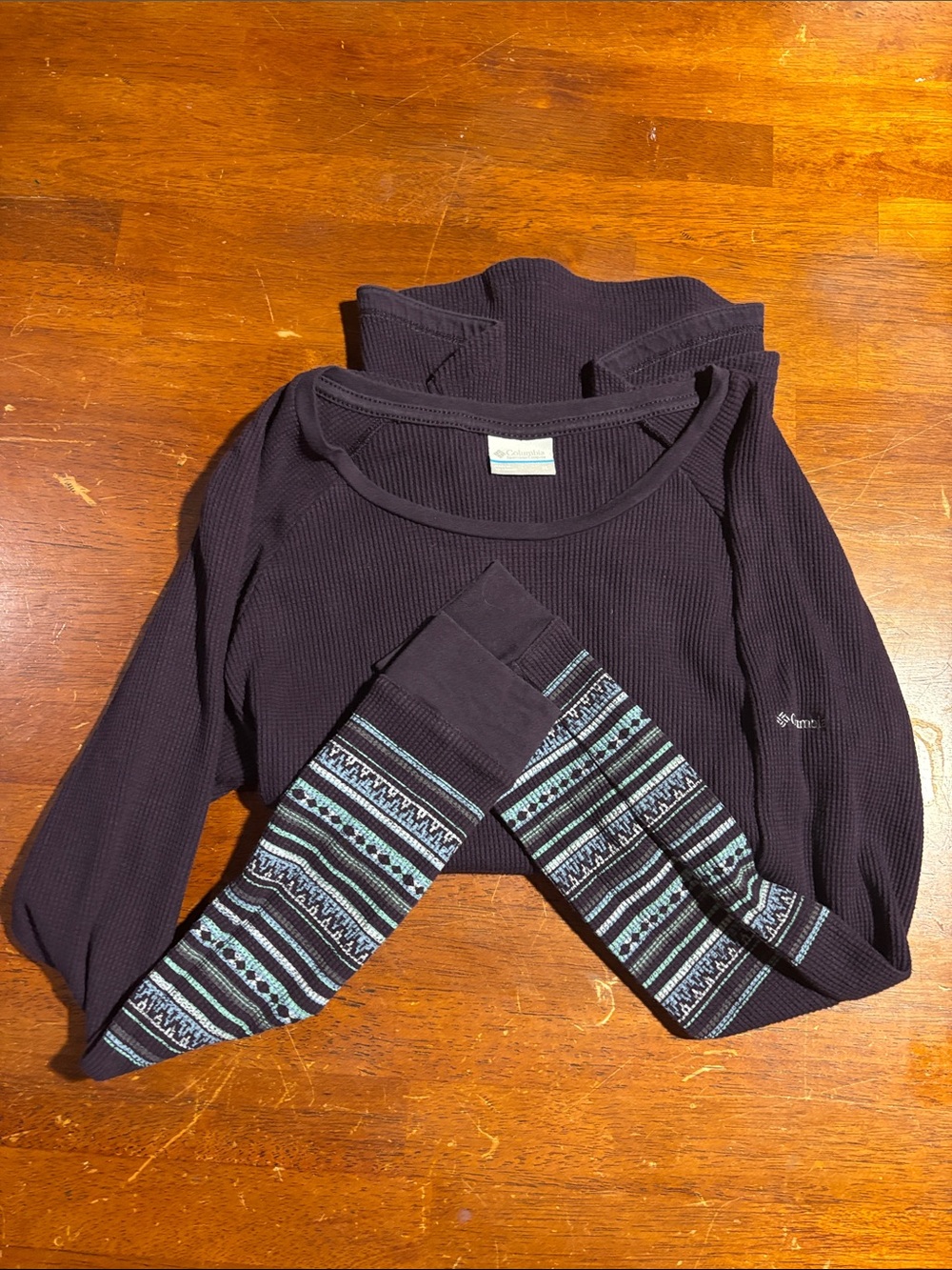 Columbia Women's Black Crewneck Thermal Sweater with Teal Patterned Cuffs
